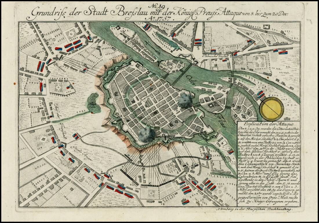 Grundriss der Stadt Bresslau mit der Konigl: Preuss. Attaque von 8 biz zum 20 Dec. Ao. 1757