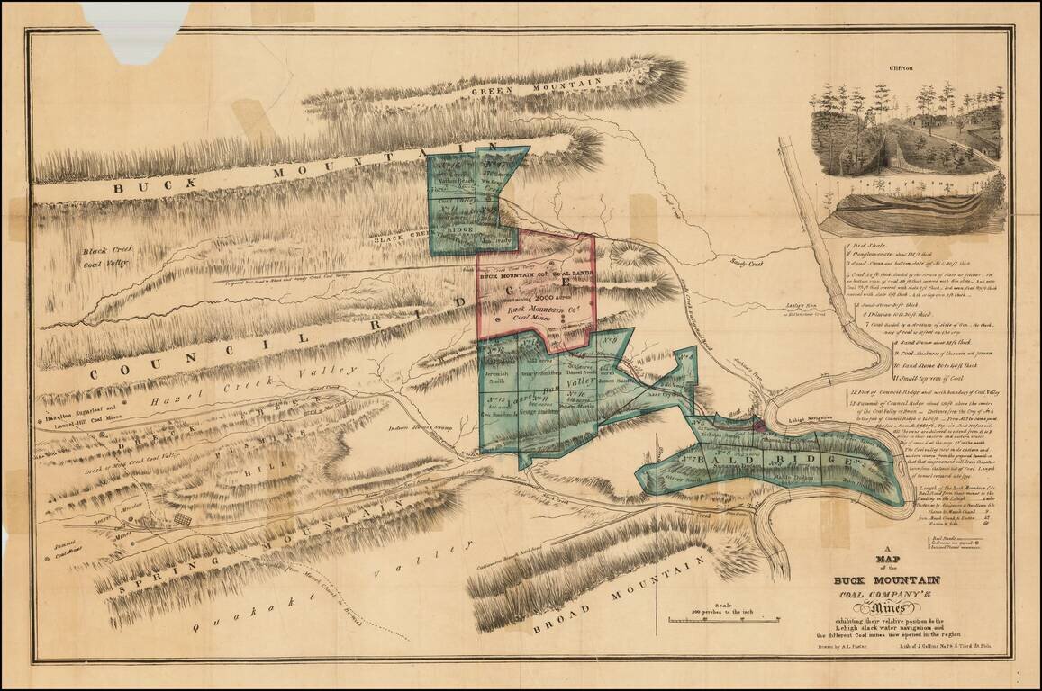 A Map of the Buck Mountain Coal Company's Mines exhibiting their relative position to the Lehigh slack water navigation and the different Coal mines now open in the region