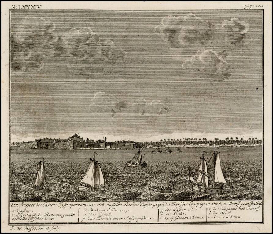 Ein Prospect Castells Jaffnapatnam, wie sich daslelbe uber das Wasser gegen das Thor, der Compagnie Stall, u werff praessentiret