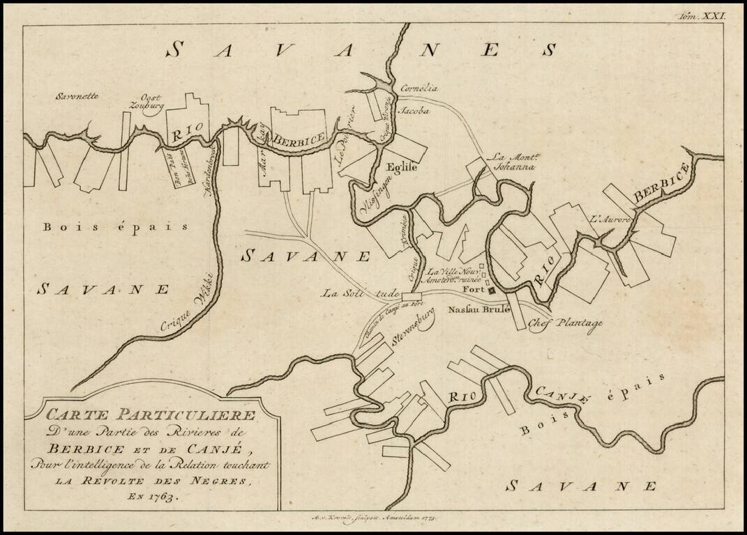 Carte Particuliere d'une Partie des Rivieres de Berbice et de Caroje, pour l'Intelligence de la Relation Touchant la Revolt des Negres en 1763