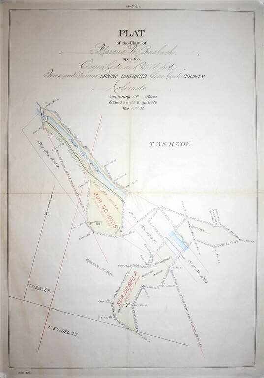 Plat of the Claim of Marcus W. Rasbach upon the Oregon Lode and Mill Site, Iowa and Banner Mining Districts Clear Creek County, Colorado