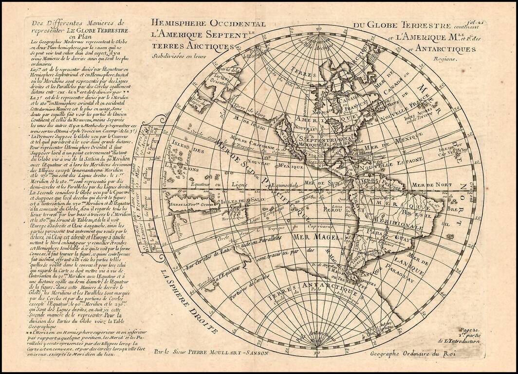 Hemisphere Occidental Du Globe Terrestre contenant L'Amerique Septentle. et L'Amerique Mle. et Ptie. des Terres Arctiques et Antarctiques Subdivisees en leurs Regions