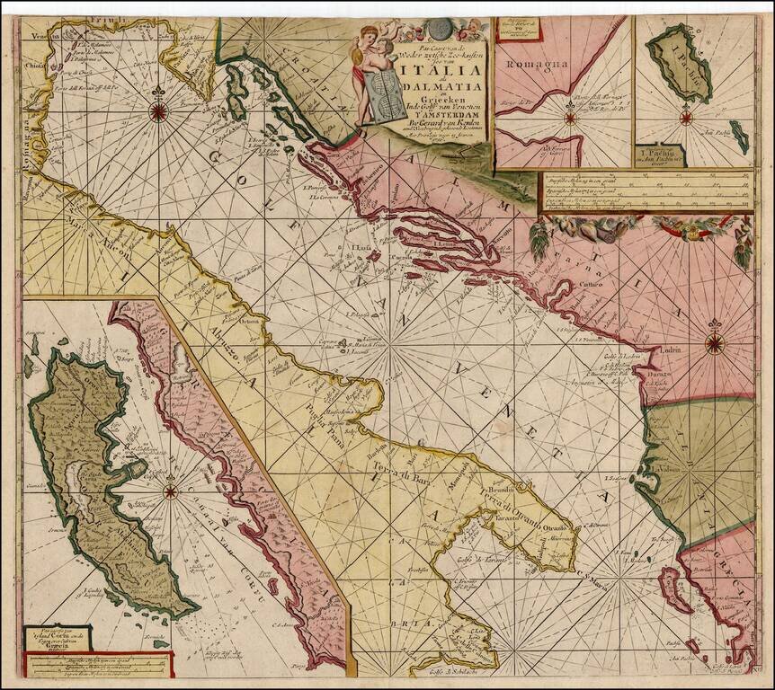 Pas-Caart van de Weder zytsche Zee-kusten soo van Italia als Dalmatia en Griecken inde Golff van Venetien , , , 1716  [Large inset of Corfu]