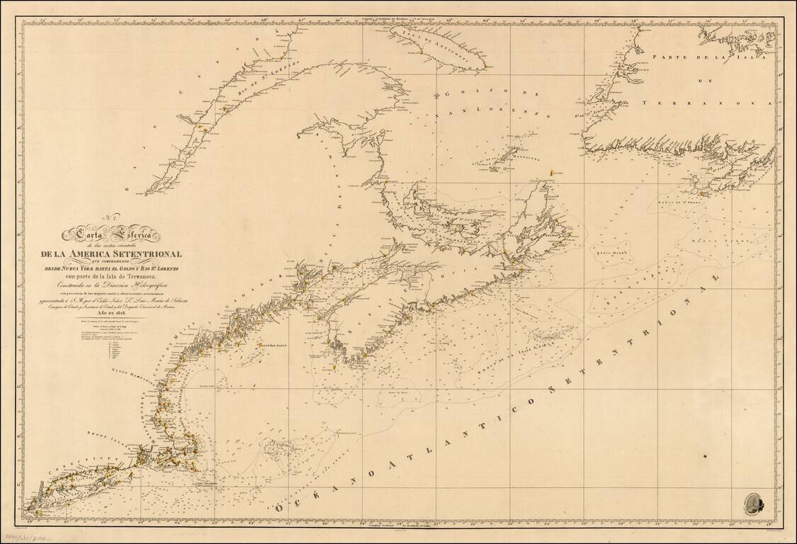 Carta Esferica de las Costas Orientales de la America Setentrional que Comprehende desde Nueva York hasta el Golfo y Rio S. Lorenzo con Parte de la Isla de Terranova Construida en la Direccion Hydrographica . . . 1828