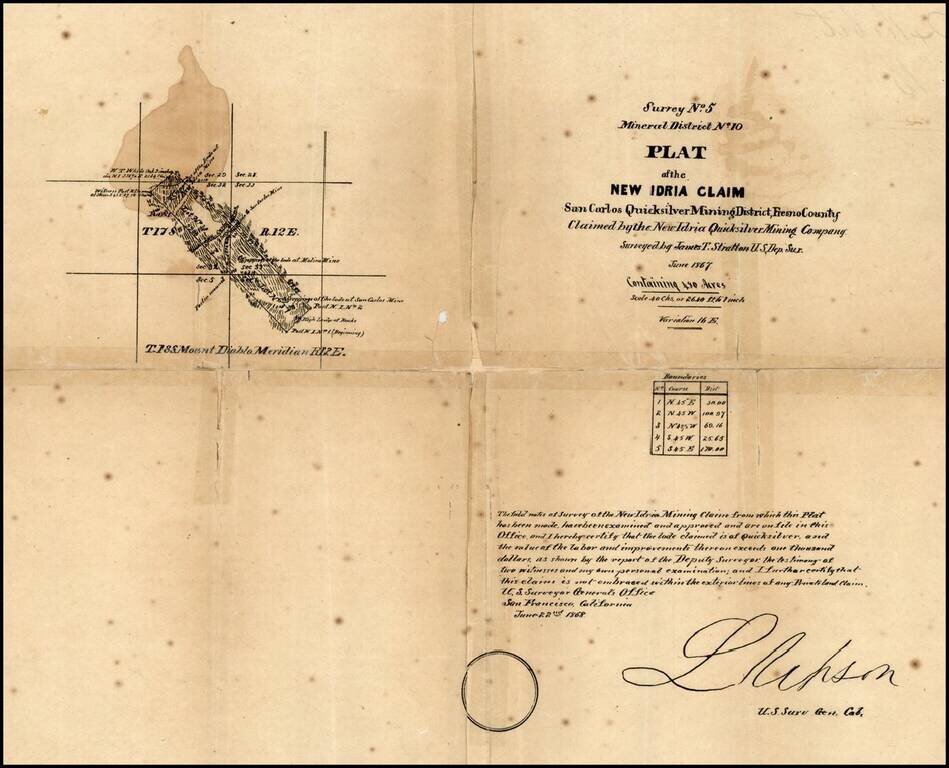 Survey No. 5 Mineral District No. 10.  Plat of the New Idria Claim San Carlos Mining Distice, Fresno Country  Claimed by the NEw Idria Quicksilver Mining Company . . .  1867