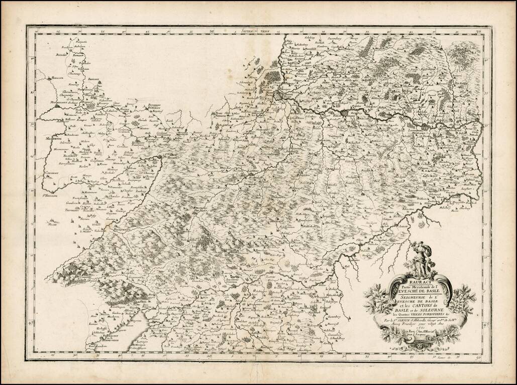 Rauraci Partie Meridionale de l'Evesche de Basle   Seigneurie de L'Evesche De Basle et les Cantons de Basle et de Soleurne les Quatres Villes Forestieres &c. . . .  1660