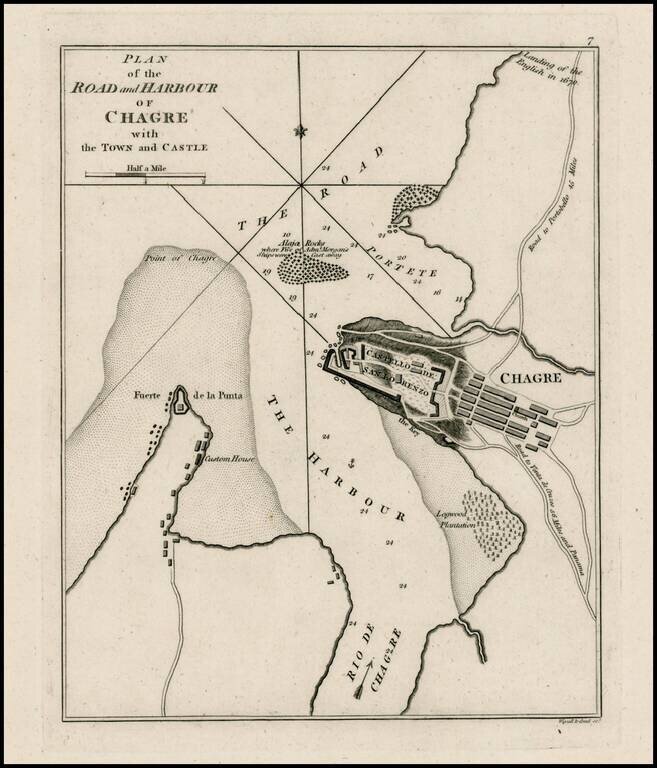 Plan of the Road and Harbour of Chagre with the Town and Castle