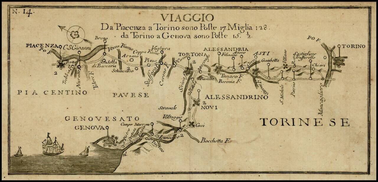 Viaggio Da Piacenza a Torino sono Poste 17 Miglia 128. da Torino a Genoa sono Poste 15. 1/2