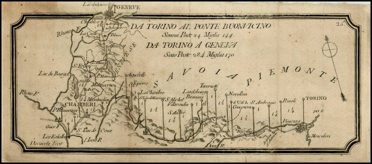 Da Torino Al Ponte Buonvicino Snovi Poste 24. Miglia 144.  Da Torino A Geneva Sono Pte 28 1/4 Miglia 170