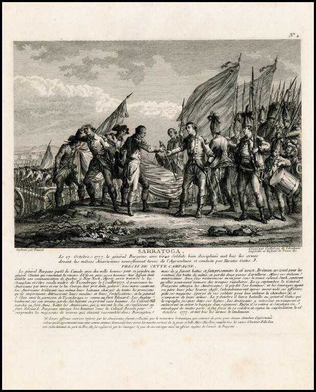 Sarratoga  Le 17 Octobre 1777, le General Burgoine avec 6640 Solats bien disciplines met bas les armesdevant le milices Americaines nouvellement tirees de l'Agriculture et conduite par Haratio Gates . . .