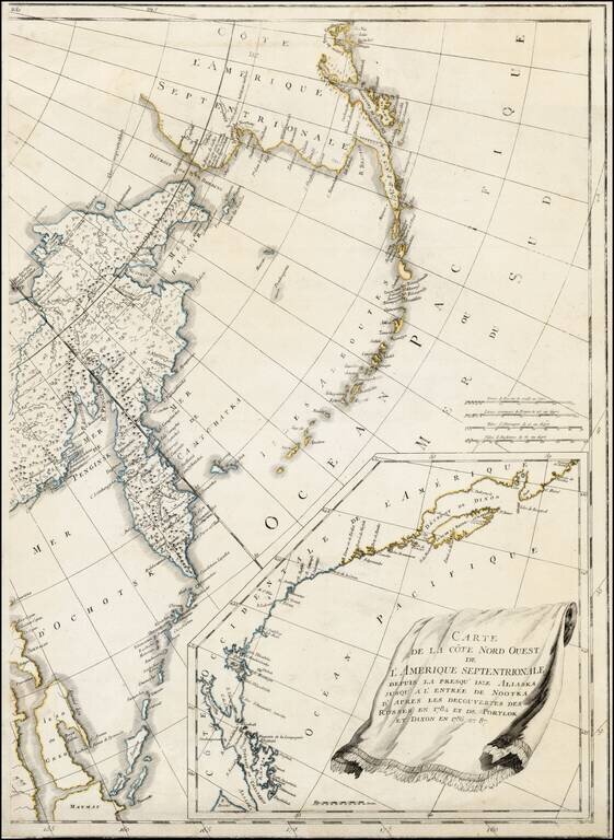 Carte de La Cote Nord Ouest De L'Amerique Septentrionale Depuis La Presqu' Isle Aliaska Jusqu' A L'Entree De Nootka D'Apres Les Decouvertes Des Russes En 1784 et de Portlok et Dixon en 1786 et 87.