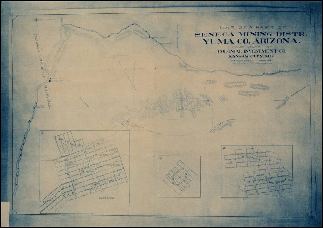 Map of Part of Seneca Mining Distr. Yuma Co. Arizona.  Compliments of Colonial Investment Co.  Kansas City, Mo.