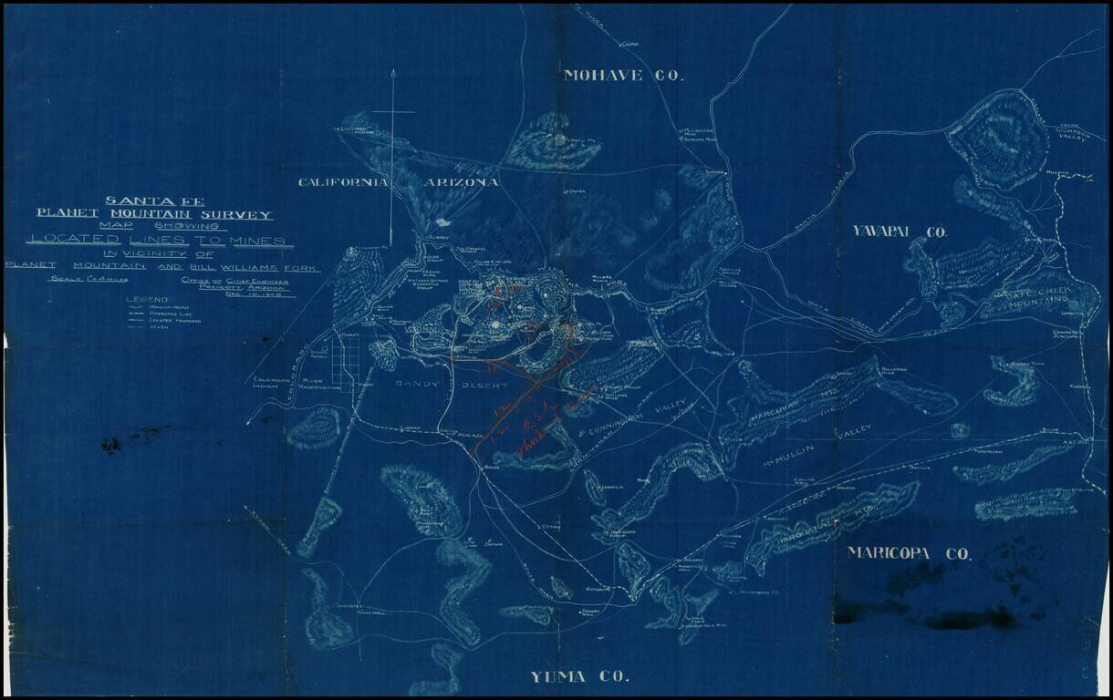 Santa Fe Planet Mountain Survey Map Showing Lines To Mines In Vicinity Of Planet Mountain And Bill Williams Fork . . . December 10, 1908  (with manuscript additions)