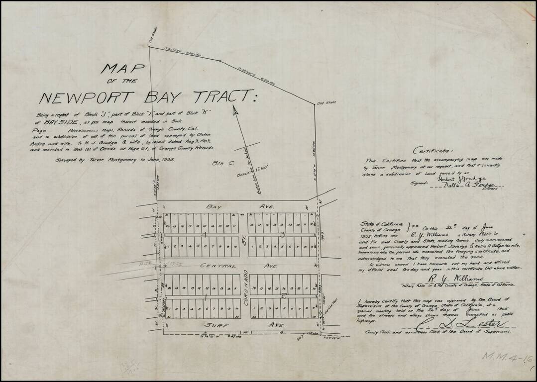 Map of Newport Bay Tract . . . Surveyed by Tarver Montgomery in June, 1905