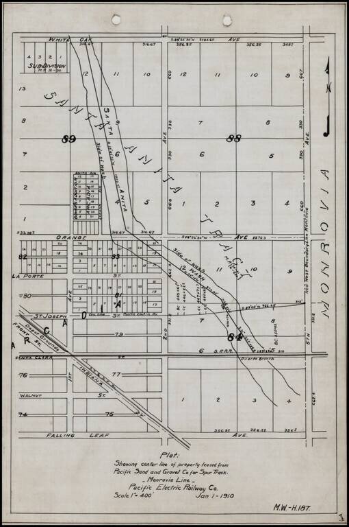 Plat Showing center line of property leased from Pacific Sand and Gravel Co. for Spur Track - Monrovia Line - Pacific Elecric Railway Jan 1 - 1910