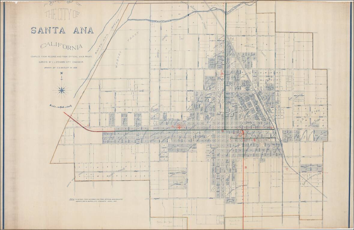 Map of the City of Santa Ana California Compiled From Records and From Official and Private Surveys By W. L. Steward City Engineer Drawn by C.D. Butler in 1906