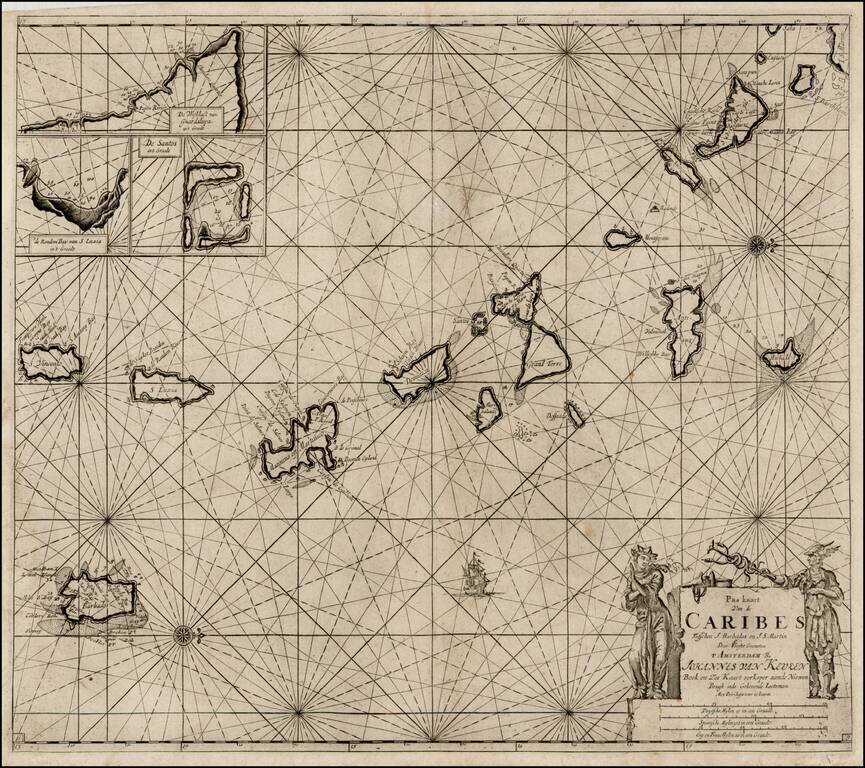 Pas kaart Van de Caribes Tusschen I. Barbados en I S. Martin . . . (St. Barts, Nevis, St. Kitts, Monserrat, St. Martin, Barbados, Antigua, Barbuda, St. Lucia, St. Vincent, Martinique, Dominica, Guadalupe, etc).