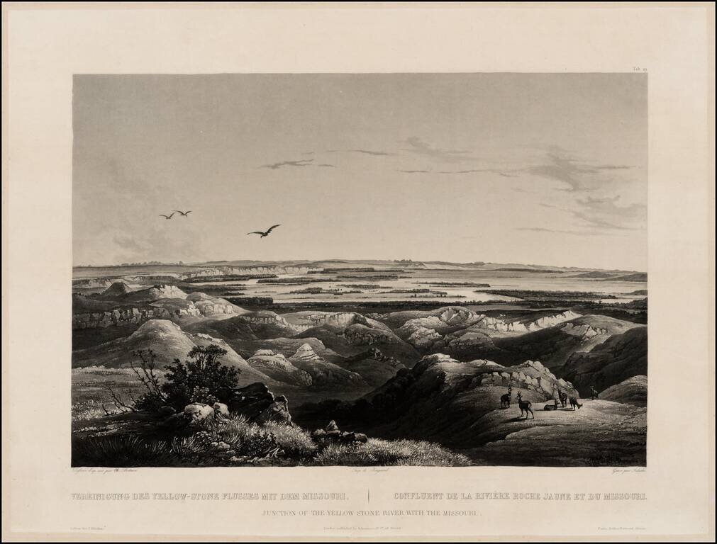 Junction of the Yellow Stone River with the Missouri | Vereinigung Des Yellow-Stone Flursses Mit Dem Missouri  |  Confluent de la Riviere Roche Jaune et du Missouri