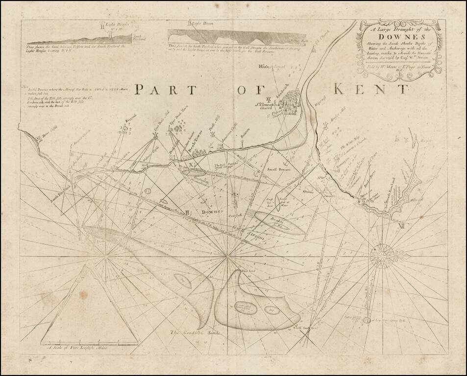 A Large Draught of the Downes Shewing the Sands Shoales Depths of Water and Anchorage with all the Leading marks to Avoide the Dangers therein Survey'd by Capt. Wm. Nunn