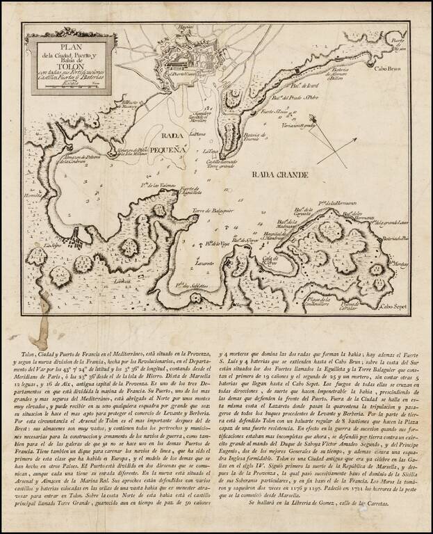 Plan de la Ciudad, Puerto y Bahia de Tolon con todas sus Fortificaciones Castillos, Fuertes y Baterias