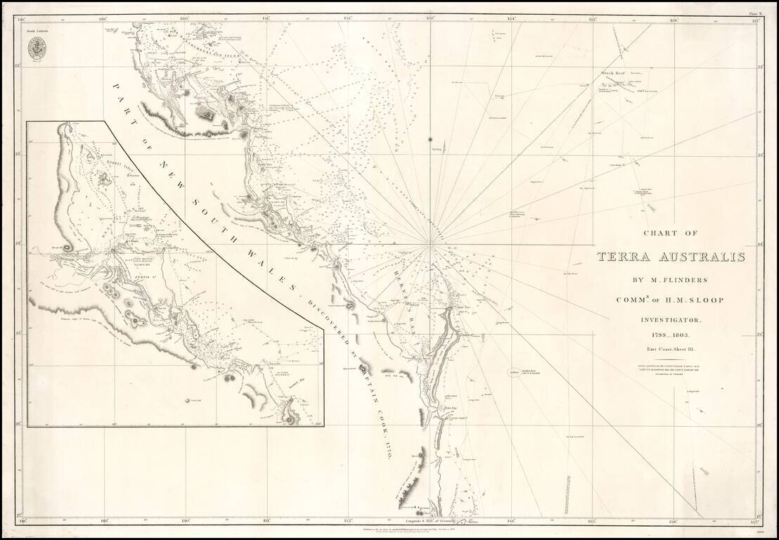 Chart of Terra Australis By M. Flinders Commr. of H.M. Sloop Investigator.  1799-1803.  East Coast, Sheet 3.  With Additions By Commr. Philip F. King 1826. Captn F.P. Blackwood 1844 and Captn O. Stanley 1847.