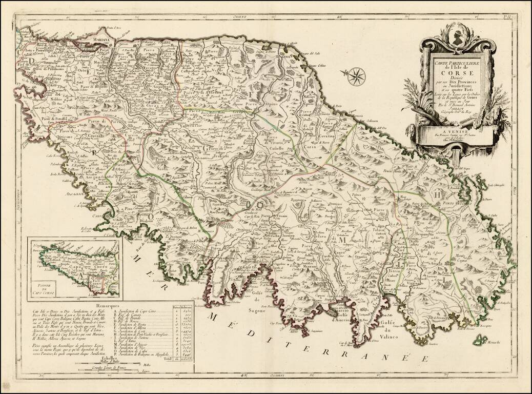 Carte Particuliere de L'Isle de Corse Divisee par ses Dix Provinces ou Juridictions et ses quatre Fiefs . . .