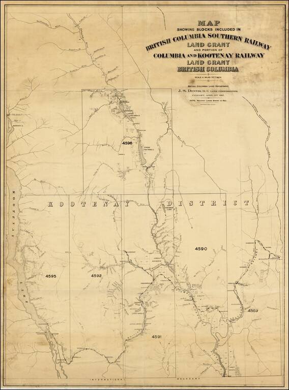 Map Showing Blocks Included in British Columbia Southern Railway Land Grant and portion of Columbia and Kootenay Railway Land Grant British Columbia . . . 1907