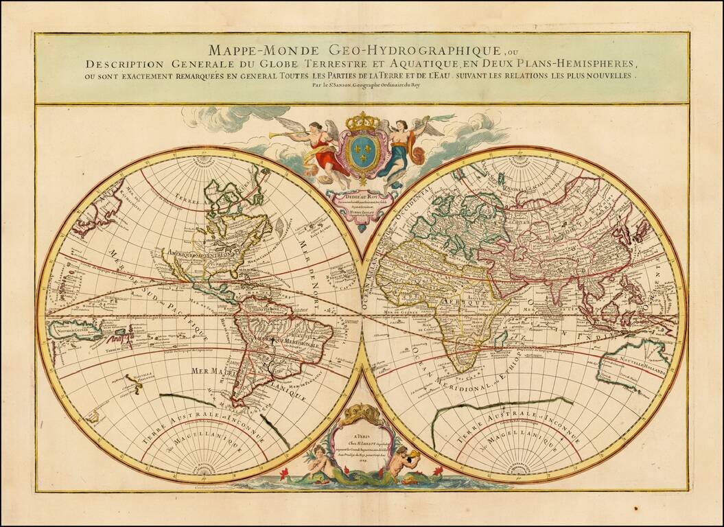 Mappe-Monde Geo-Hydrographique, ou Description Generale du Globe Terrestre et Aquatique  en Deux Plans-Hemispheres, ou Sont Exactement Remarquees en General Toutes Les Parties De La Terre et de L'Eau, Suivant les Relations Les Plus Nouvelles . . . 1719