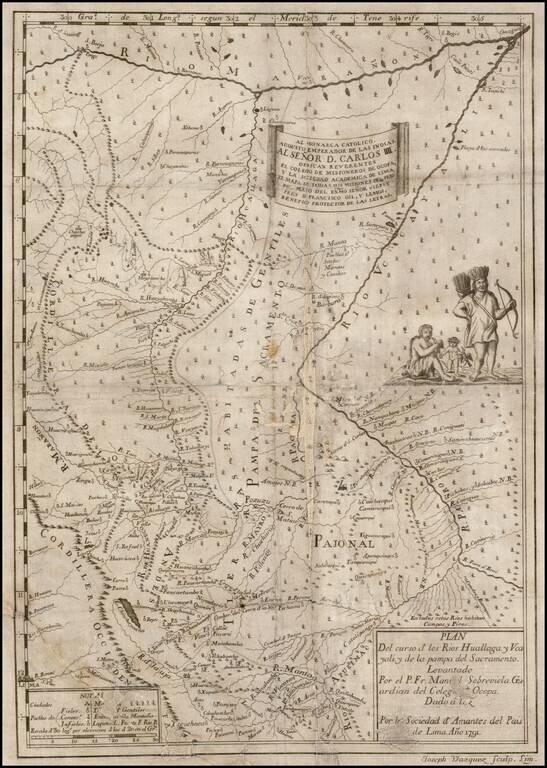 Plan Del curso de los Rios Huallaga y Ucayali, y d la pampa del Sacramento.  Levantado Por el P. Fr. Manuel Sobreviela, Guardian del Colegio et Ocopa, Dada a luz Por le Sociedad de Amantes del Pais de Lima Ano 1791.
