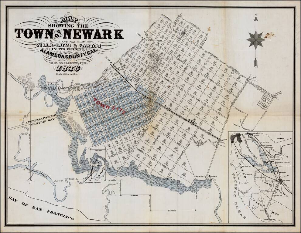 Map Showing The Town of Newark and the Villa-Lots & Farms in its Vicinity  Alameda County, Cal.  Surveyed by T.P. Wilson, C.E.  1876