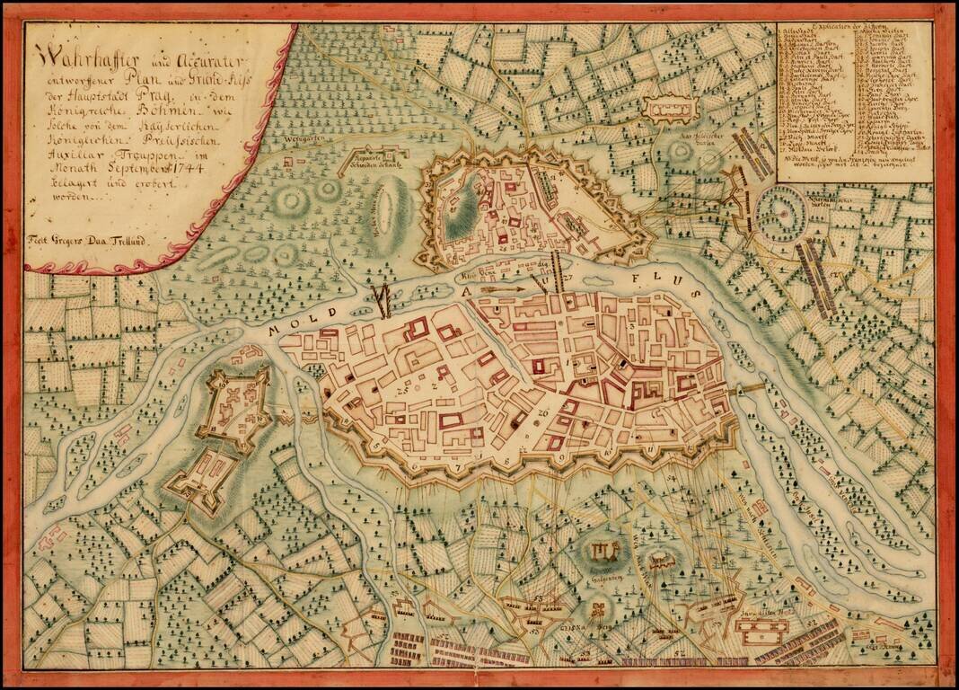 [Prague] Wahrhaffter und Accurater entworffener Plan und Grund-Riss der Hauptstadt Prag in dem Königreiche Böhmen; wie Solche von dem Kayserlichen Königlichen Preussischen Auxiliar Trouppen im Monath September A. 1744 belagert und erobert worden.