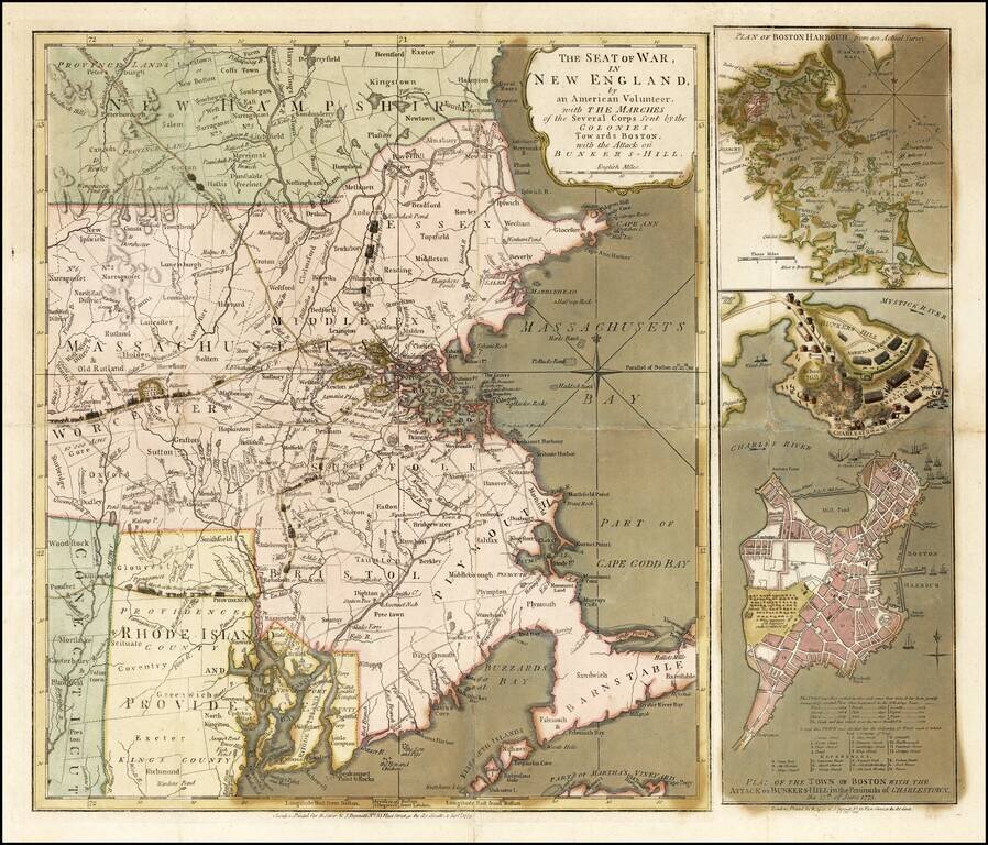 The Seat of War, In New England by an American Volunteer, with the Marches of the Several Corps sent by the Colonies towards Boston, with the Attack on Bunkers Hill
