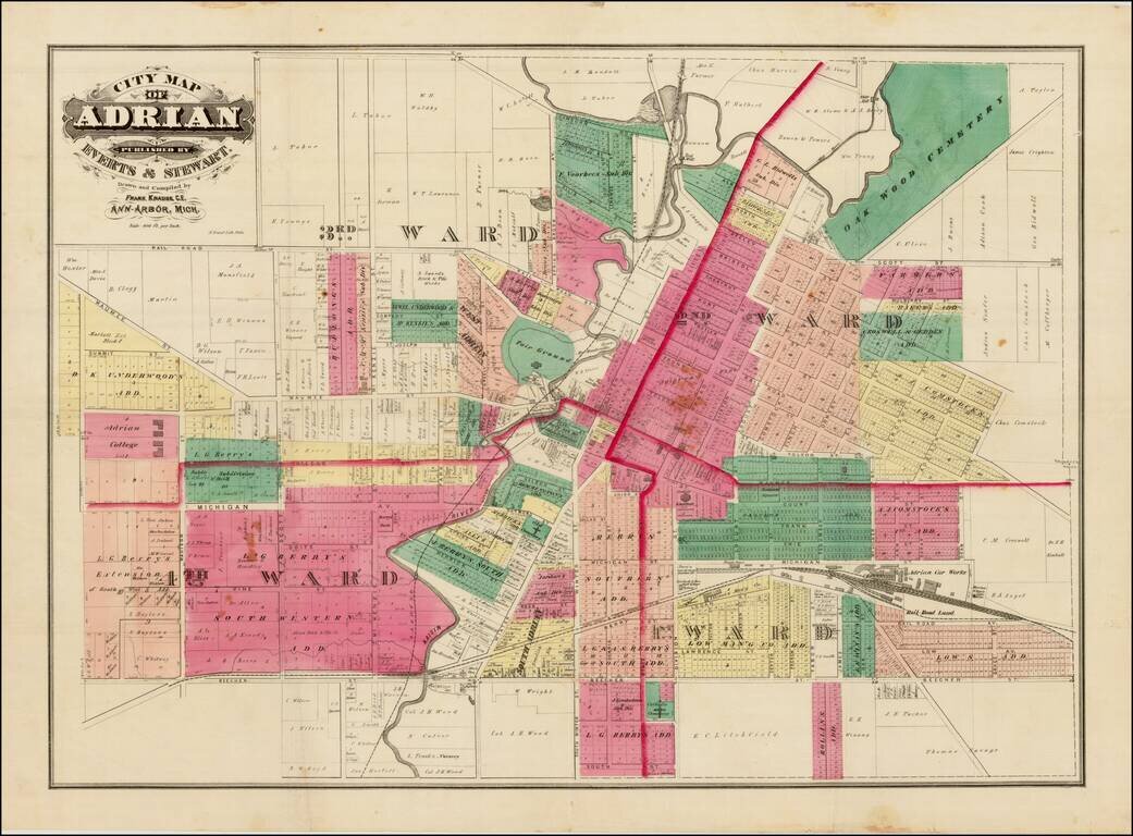 City Map of Adrian Published by Everts & Stewart.  Drawn and Compiled By Frank Krause, C.E.  Ann Arbor, Mich.