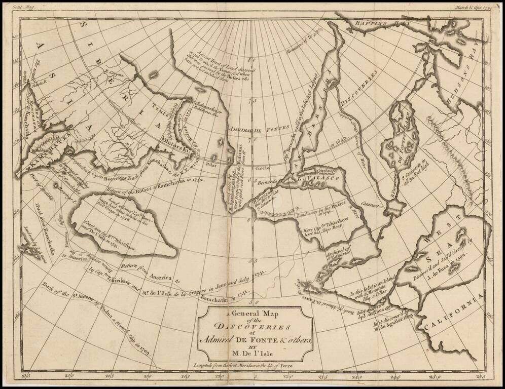 A General Map of the Discoveries of Admiral De Fonte & others, By M. De l'Isle