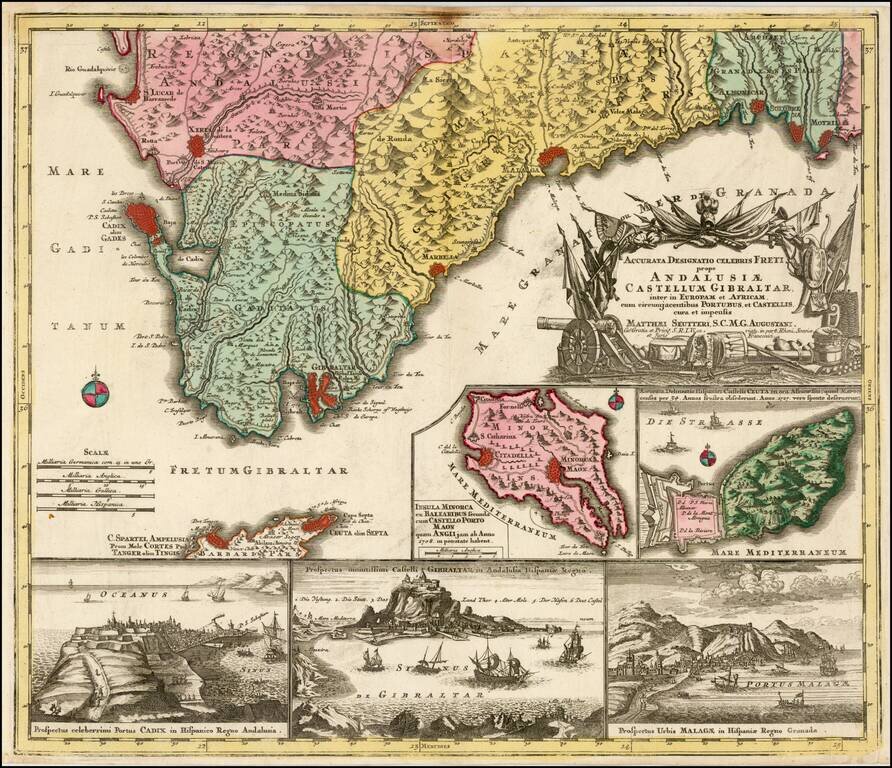 Accurata Designatio Celebris Freti prope Andalusiae Castellum Gibralter inter in Europam et Africam cum circumjacentibus Portubus et Castellis cura et impensis  (with inset maps of Menorca, Ceuta and views of Malaga, Castle of Gibraltar and Cadix)
