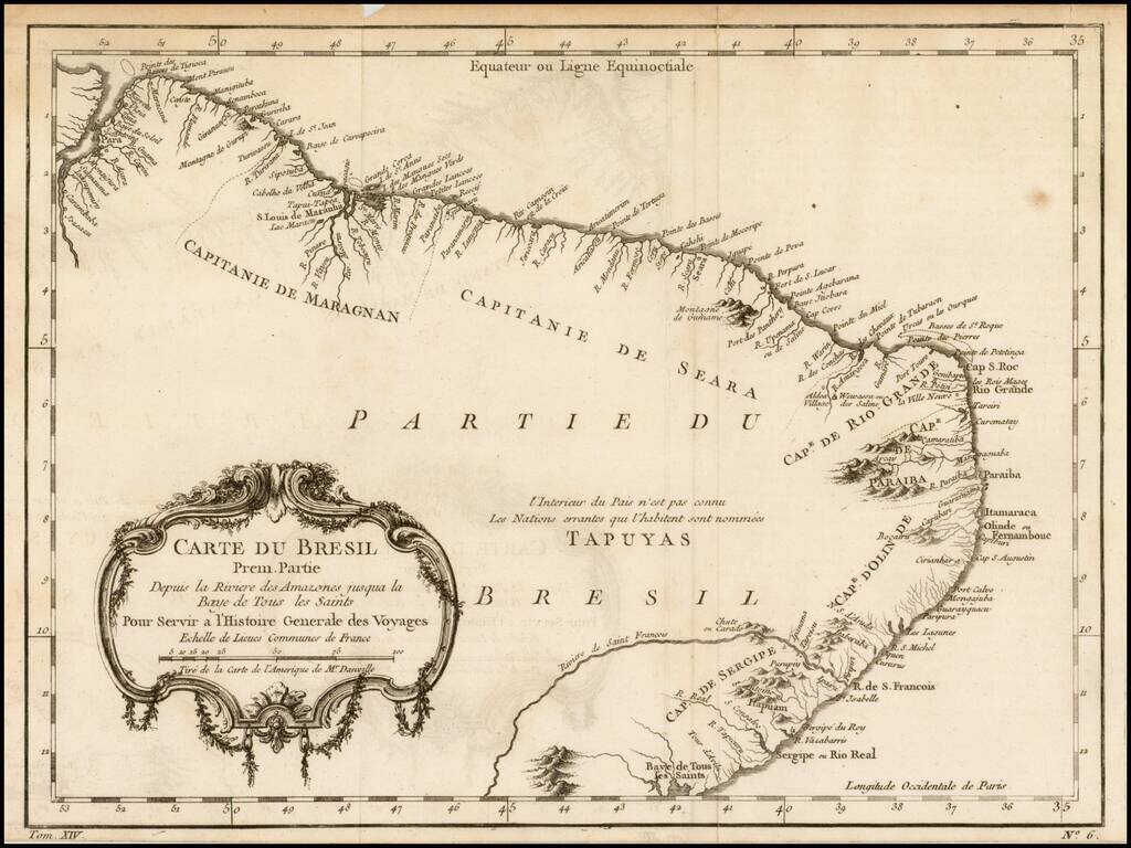 Carte Du Bresil, Prem. Partie.  Depuis la Riviere des Amazones jusq'a la Baye de Tous les Saints . . Trie de la Carte de l'Amerique de Mr. D'Anville