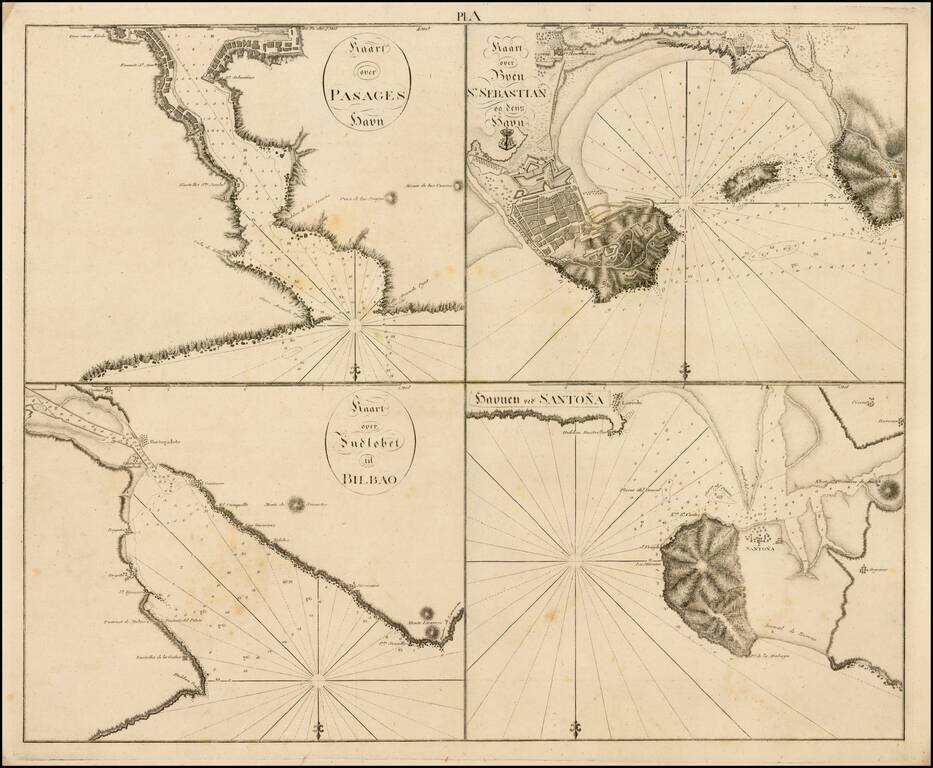 Kaarte over Pasages Havn / Kaart over Byen St. Sebastian og dens Havn / Kaart over Sudlobet til Bilbao  / Havenen ved Santoña