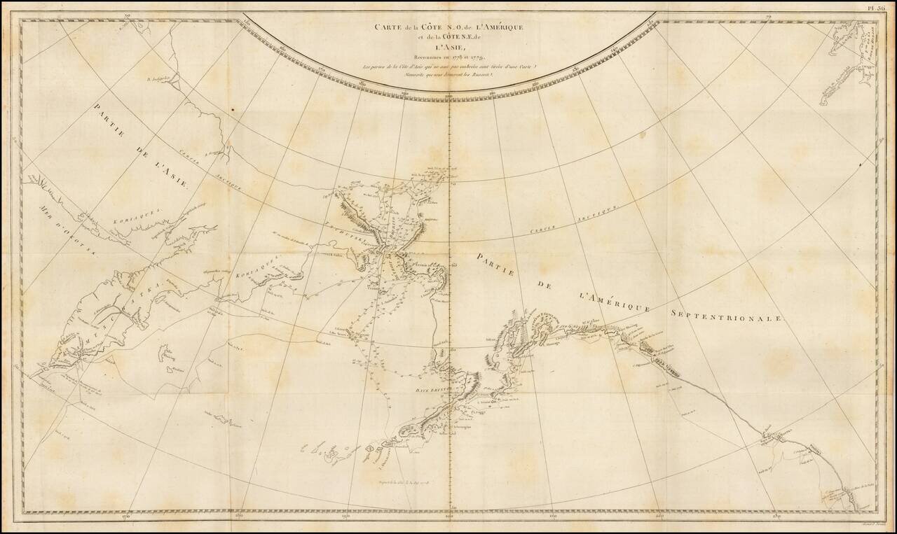 Carte de la Cote N.O. de l'Amerique et de la Cote N.E. de l'Asie, Reconnues en 1778 et 1779.  Les parties de la Cote d'Asie qui ne sont pas ombrees sont tirees d'une Carte Manuscrite que nous donnerent les Russes