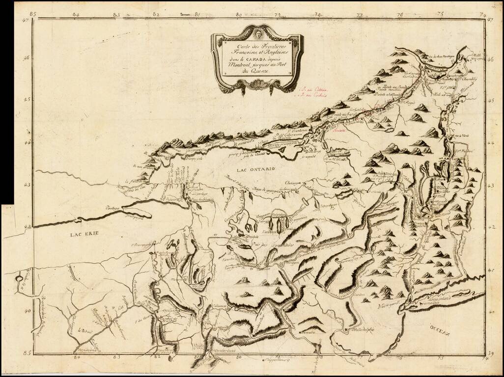 (French & Indian War Theater Map)  Carte des Frontieres Francoises, et Angloises dens le Canda depuis Montreal jusques au Fort du Quesne.