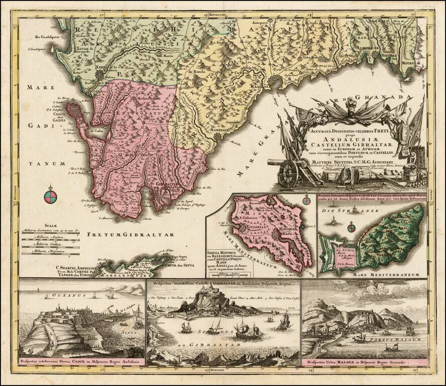 Accurata Designatio Celebris Freti prope Andalusiae Castellum Gibralter inter in Europam et Africam cum circumjacentibus Portubus et Castellis cura et impensis  (with inset maps of Menorca, Ceuta and views of Malaga, Castle of Gibraltar and Cadix)