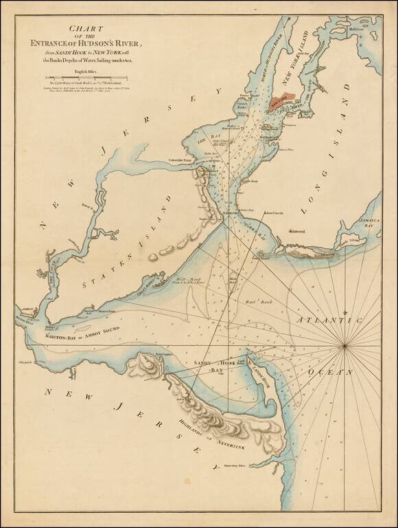 Chart of the Entrance of Hudson's River, from Sandy Hook to New York, with the Banks, Depths of Water, sailing marks, &ca. . . . 1776