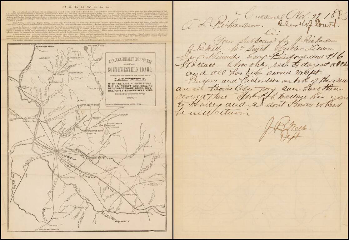 [Idaho Letter Sheet with Letter  A Geographically Correct Map of Southwestern Idaho, Showing the relations of the new railroad town of Caldwell with the Vast Agricultural, Mining, Forest and Grazing Regions of Snake, Boise, Owyhee, Payette and Weiser Rive