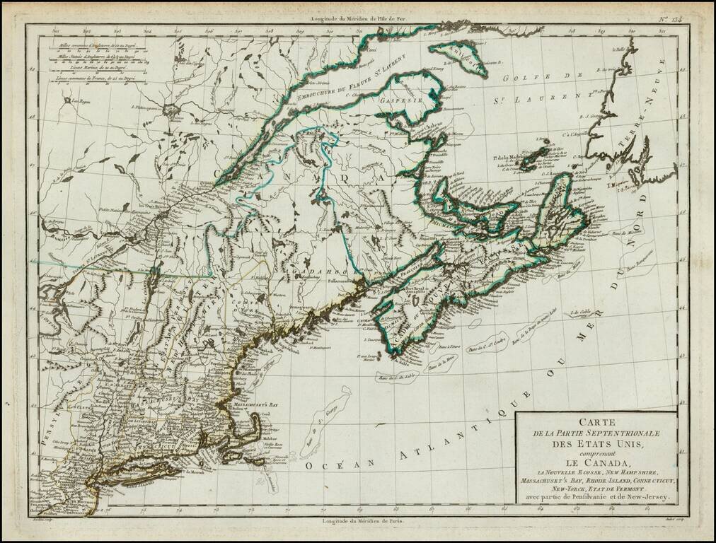 Carte De La Partie Septentrionale Des Etats Unis, comprenant Le Canada, La Nouvelle Ecosse, New Hampshire, Massachuset's Bay, Rhode-Island, Connecticut, avec partie de Pensilvanie et New-Jersey