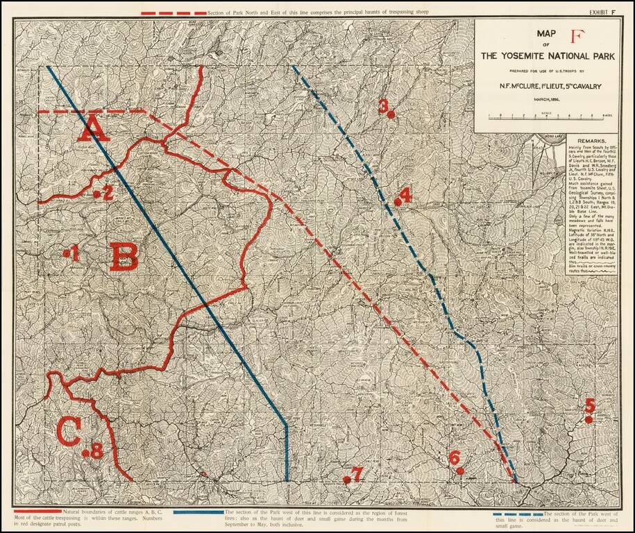 Map of the Yosemite National Park Prepared For Use of U.S. Troops By N.F. McClure, 1st Lieut, 5th Cavalry  March 1896  (overprinted with wild animal and livestock locations and information)