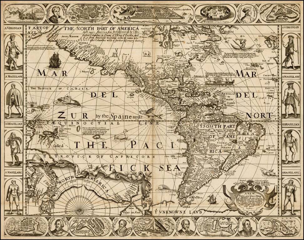 A New, Plaine and Exact Map of America: described by N. I. Visscher And don into english, enlarged, & corrected, according to I. Blaeu:  with the habits of the people, and manner of the cheife citties:  the like never before Printed, colored & are to be S