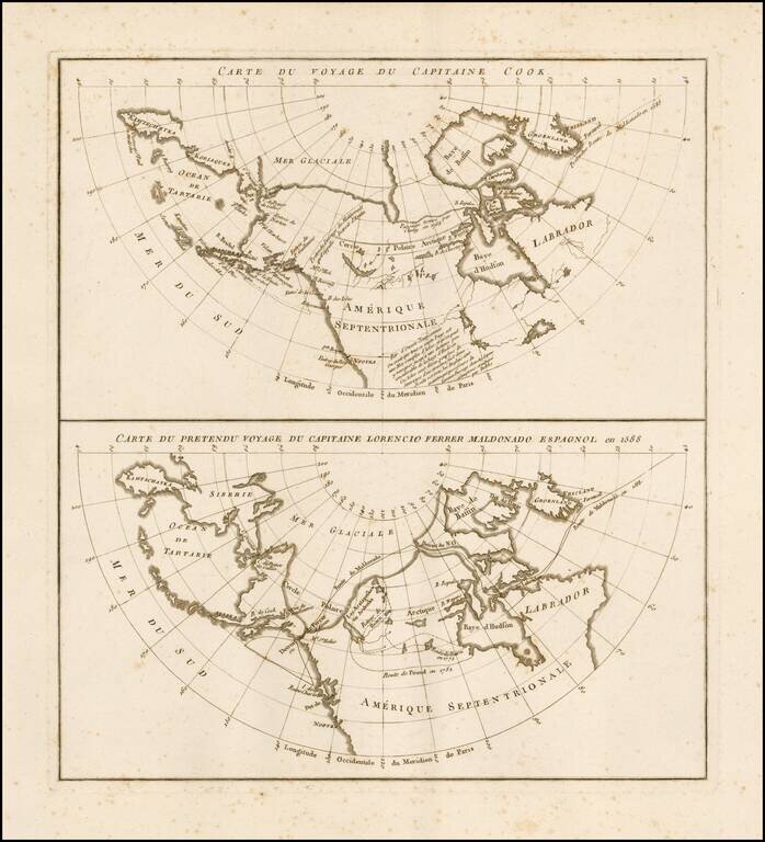 Carte Du Voyage Du Captaine Cook (and) Carte Du Pretendu Voyage Du Capitaine Lorencio Ferrer Maldonado Espagnol en 1588