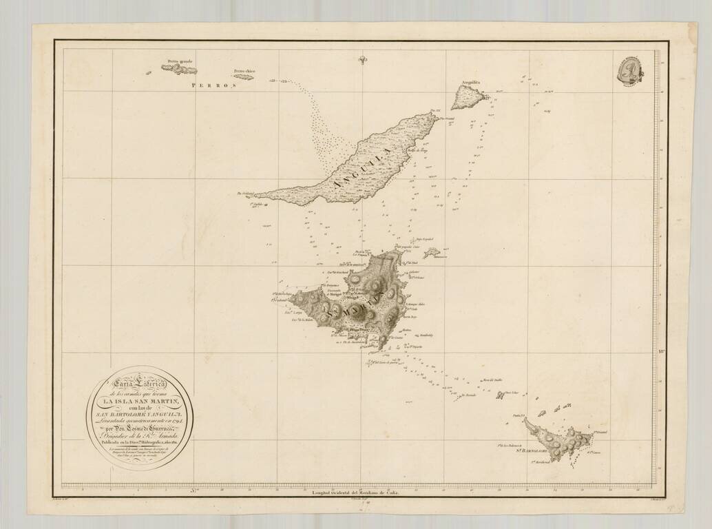 (St. Barts, Anguila and St. Martin)  Carta Esferica de los canales que forma La Isla San Martin, con las de San Bartolome y Anguila.  Levantada geometricamente en 1794 por Don Cosme de Churruca . . .