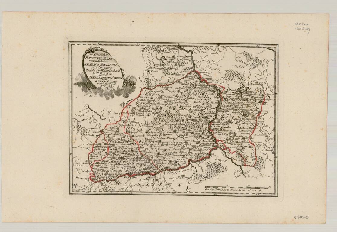 Der Koniglichen Republik Polen Woiwodschaften Krakuw u Sanomir mit dem untern Teile der Woiwodschaft Lublin undd dem Herzogthme Severein  oder Klein Polen westlicher Theil . . .