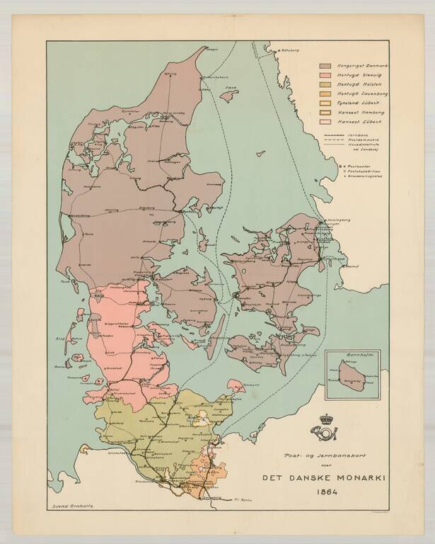 Post-og Jernbanekort over Det Danske Monarki 1864