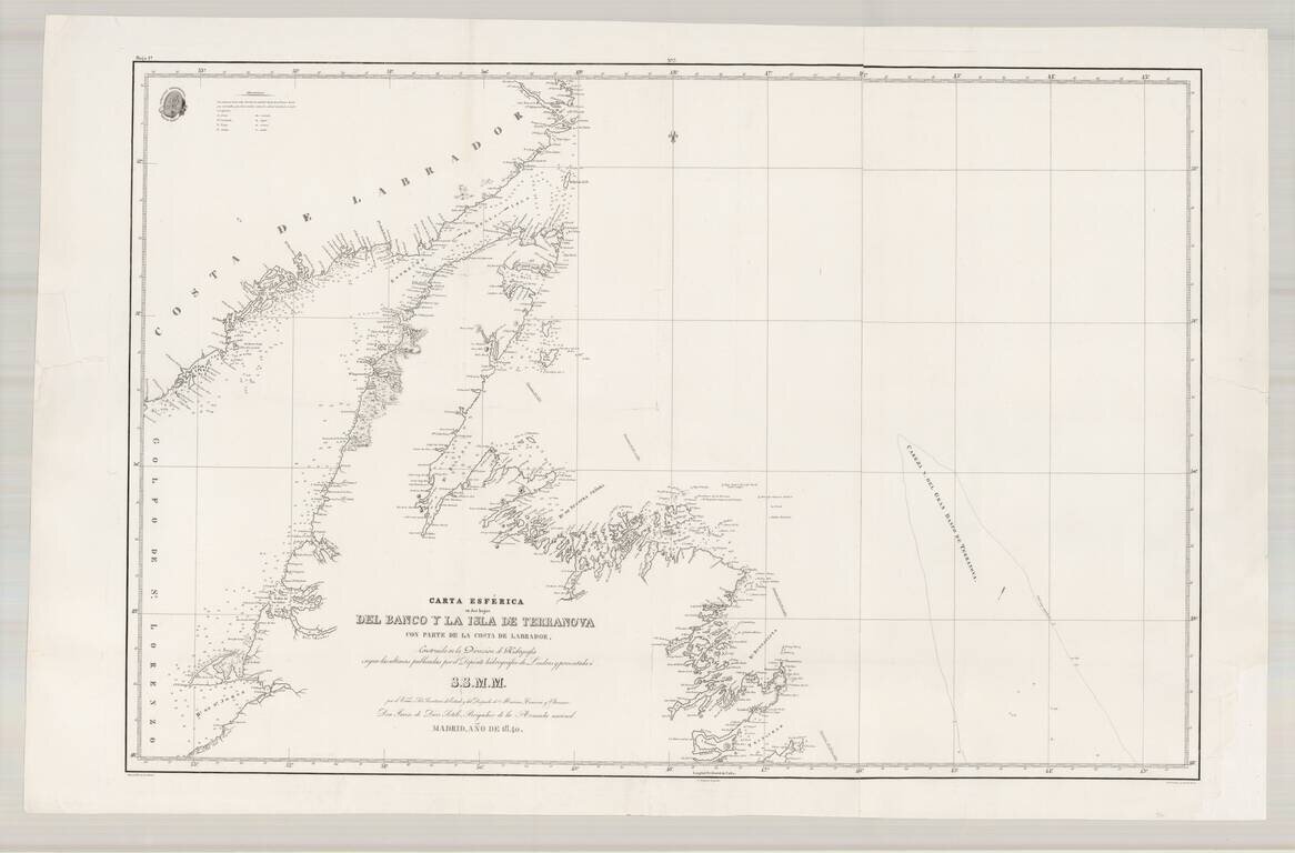 [Newfoundland]  Carta Esferica en dos hojas Del Banco y La Isla De Terranova con parte de la Costa de Labrador, Consruida en la Direccion de Hidrografia seun las ultimas publicadas por el Deposito hidrografico de Londres y presantada a S.S.M.M. por Don Ju